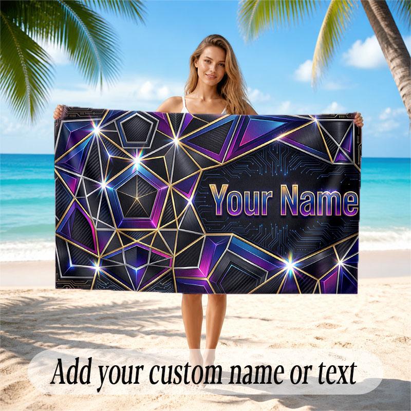 Abstract Geometric Theme Soft Beach Towel Personalized Custom Name Text Towel Portable for Beach Pool Travel