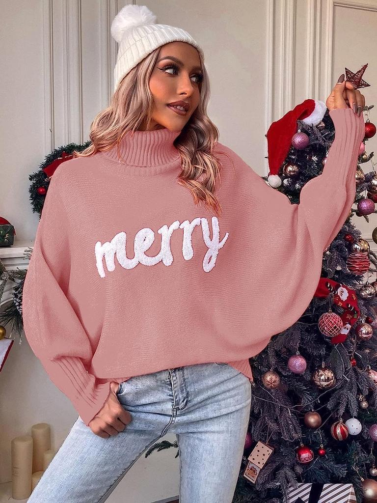 Dzianinowy damski sweter z golfem luźny sweter damski sweter elegancki zimowy ciepły jesień nowy rok modny świąteczny sweter