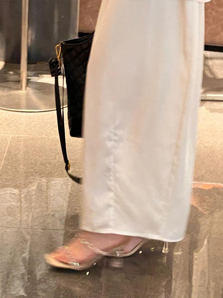 2025 Summer New Rhinestone One-word Strap High Heel Half-drag Women's Sandals High Heels Thin Heel Transparent Fairy Style Slippers