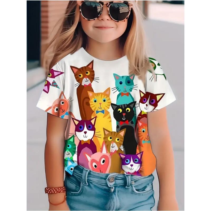 Three Little Flower Cats 3D Digital Print Round Neck Short Sleeve T-Shirt for Boys and Girls, Breathable and Comfortable M029