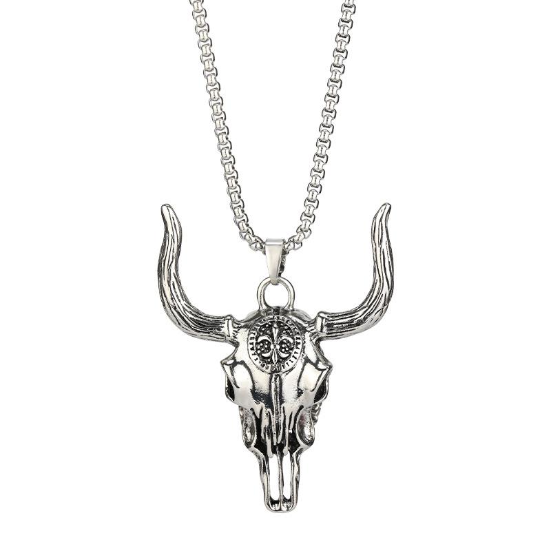 Collier Tête de Taureau Sauvage Crâne Homme Acier Titane - Pendentif Rétro Western Punk