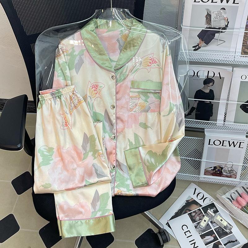 High-Value Long-Sleeved Pajamas For Women'S Spring And Summer New Small Fresh Lotus Flower Silky Loungewear Set, Real Shot