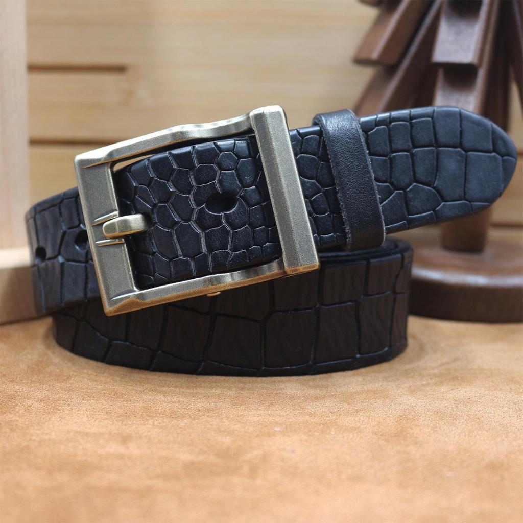 3,8 cm breiter trendiger Dornschließen-Gürtel aus echtem Leder mit Retro-Krokodilmuster - Vielseitiger Herren-Gürtel aus Rindsleder