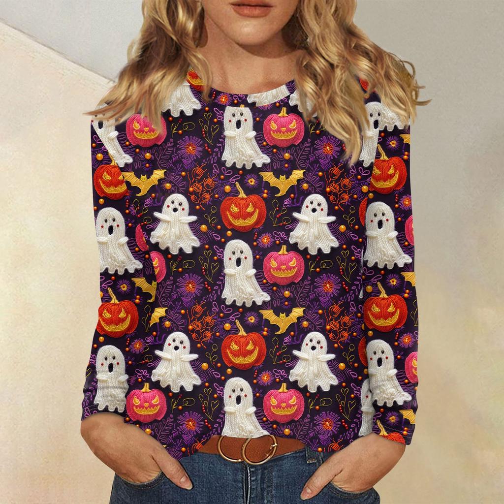Langarmshirts Für Damen Niedliche Halloween-Print Grafik-T-Shirts Blusen Lässig Große Größen Basis-Oberteile Pullover