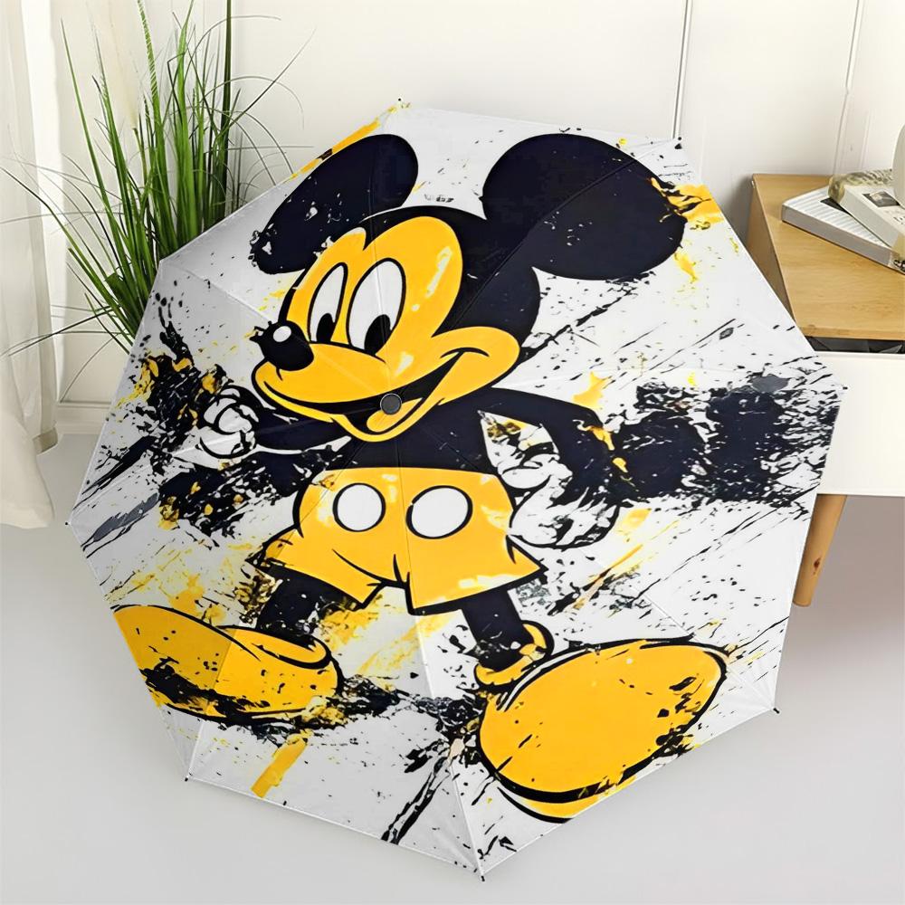 

Disney Mickey Mouse Yellow Black Splatter Print Automatic Folding Umbrella, Cute Cartoon Mickey Windproof Waterproof Travel Umbr