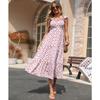 Women Sweet Floral Print Square Neck High Waist Flutter Sleeve Midi A Line Dress