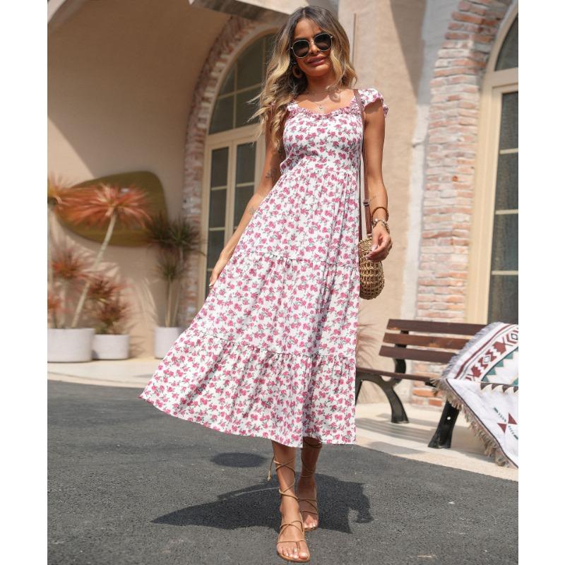 Women Sweet Floral Print Square Neck High Waist Flutter Sleeve Midi A Line Dress
