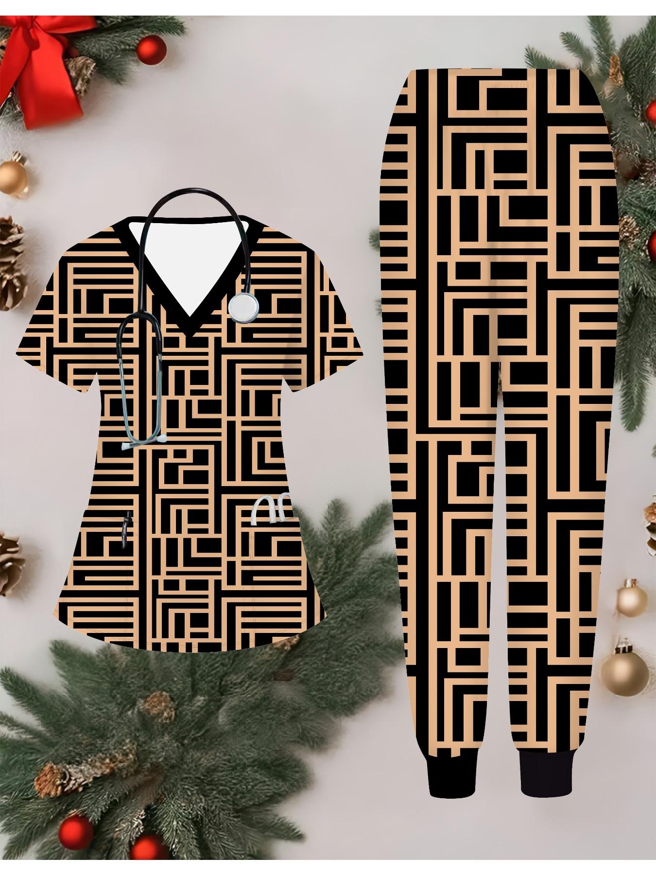 

Женский комплект медсестры с 3D геометрическим принтом, короткий рукав, длинные брюки с карманом, повседневный модный рождественский подарок XXL коричневый