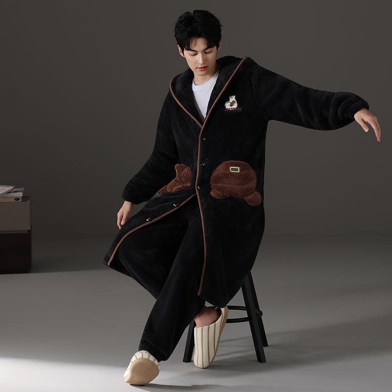 Teen men's pajamas autumn and winter 1011 new plush nightgown coral fleece thickened two-piece set loungewear
