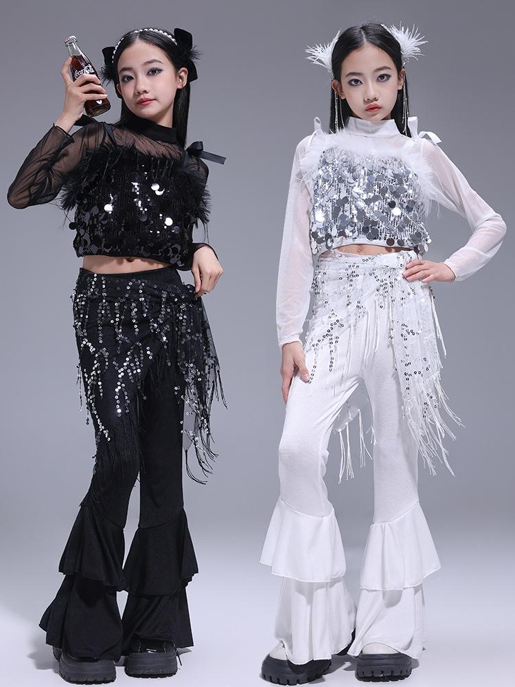 Korean Style Girls' Jazz Dance Costume Set: Cropped Vest Top & Sweatpants for Performances