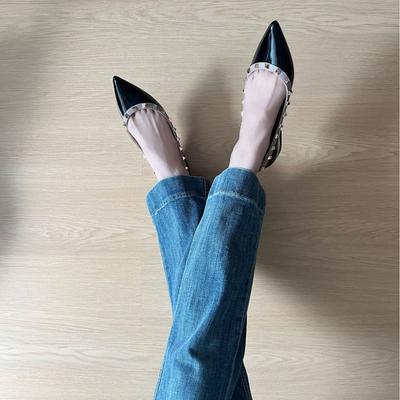 Sheepskin Version~ Inner Height Increase 5cm Rivet Shallow Mouth Pointed Leather French Temperament Single Shoes Women's Versatile Commuter Flats