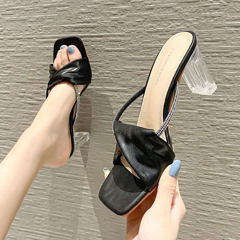 High-heeled sandals for women to wear in the summer of 2025, super fairy temperament cool slippers, popular crystal high-heeled one-word drag