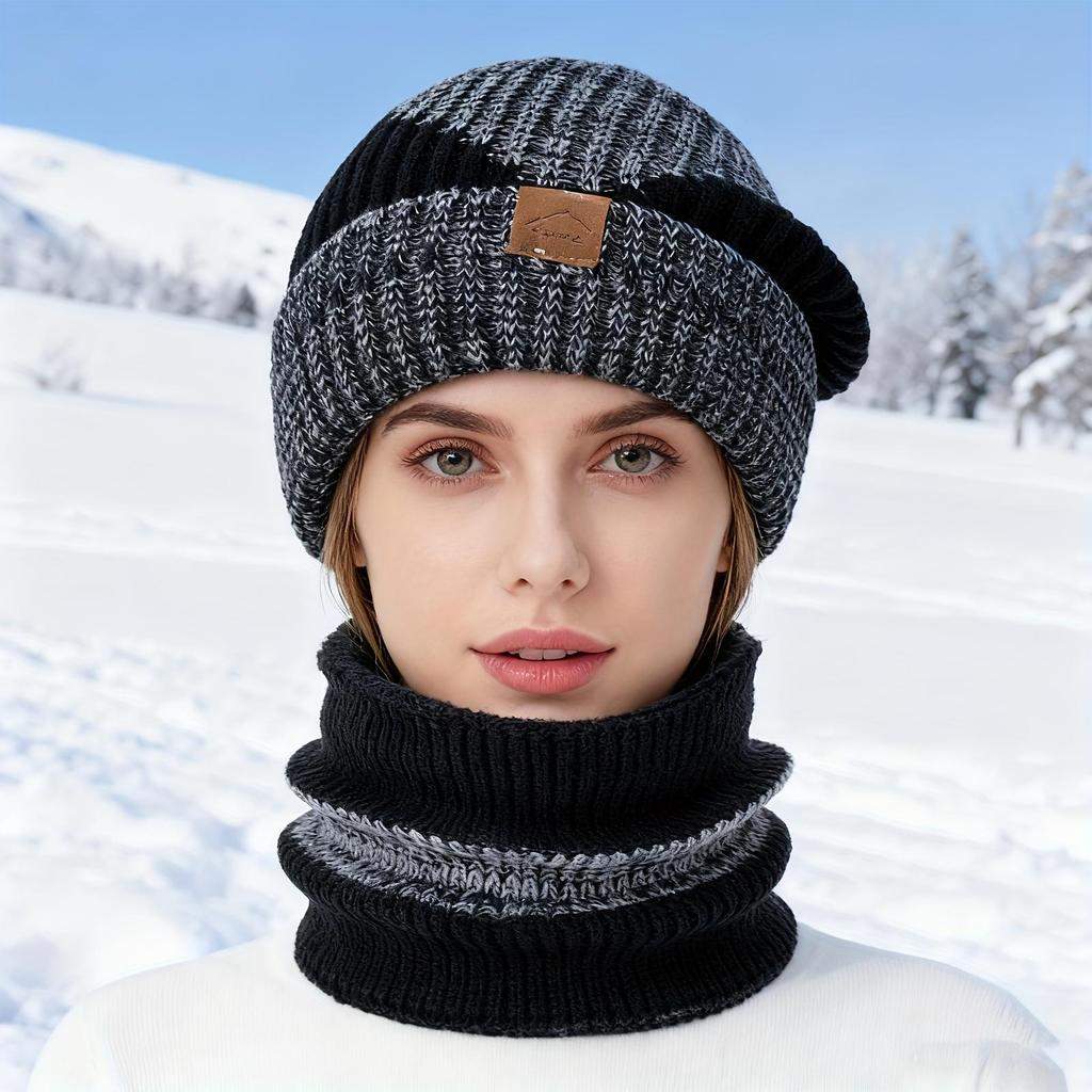 2pcs Winter Thick Ear Muffs, Two-Color Hat And Scarf Set - Suitable for Women'S Outdoor Leisure, Fashionable And Versatile for Cold Protection