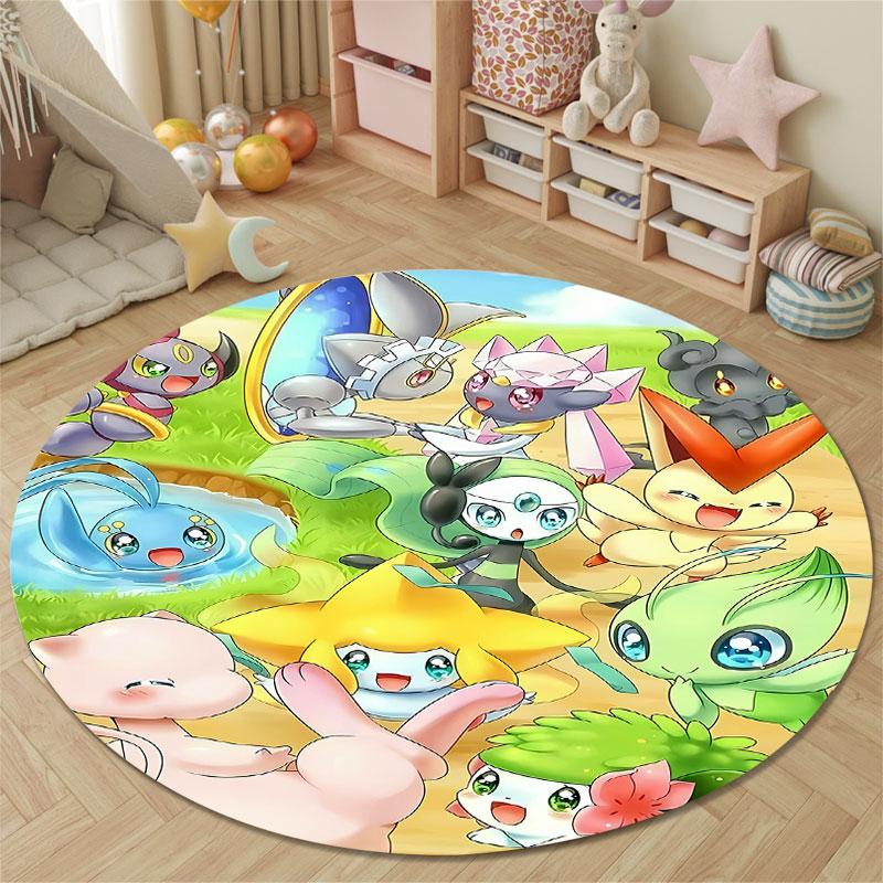 Jirachi and Mew Pokémon Mythical Friends Gathering in a Meadow Round Rug, Pastel Fairy Cartoon Style Design, Soft Non-Slip Washable Area Mat