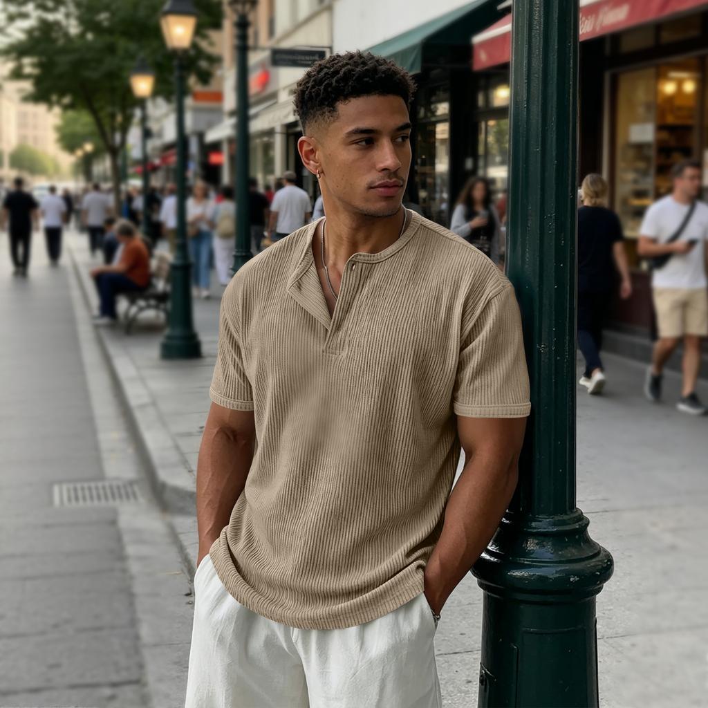 Men's Ribbed Crew Neck Three Button Short Sleeve Top Soft Breathable Casual Pullover Knitwear for Daily Wear Office Travel