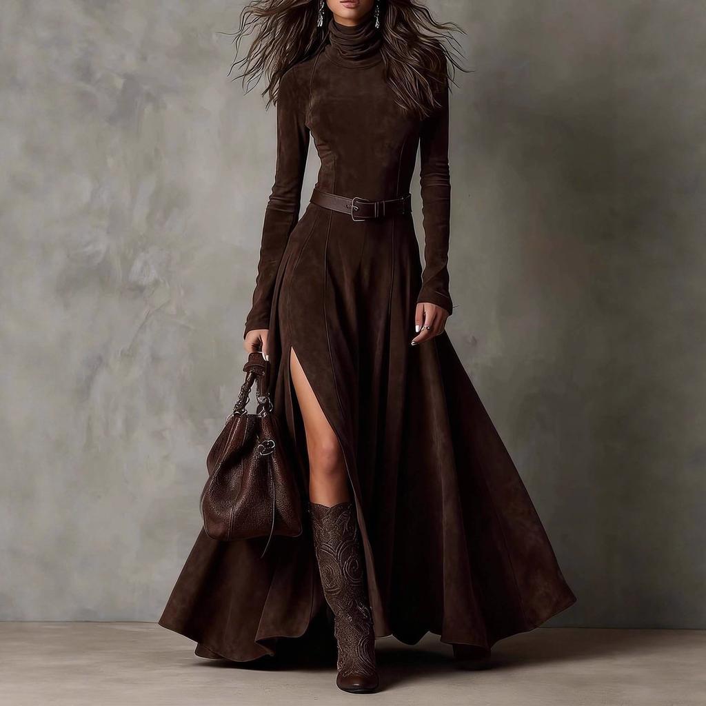 2026 autumn and winter European and American fashion temperament long dress + belt