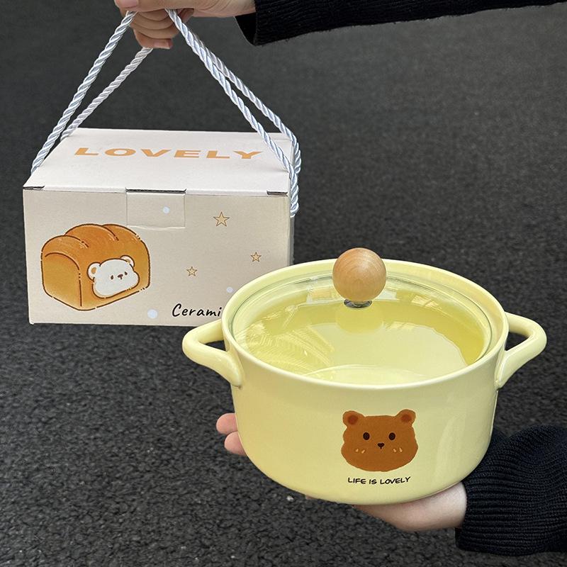 Ins Cream Wind Bear Ceramic Instant Noodle Bowl Student Dormitory Instant Noodle Bowl for Girls Birthday Gift