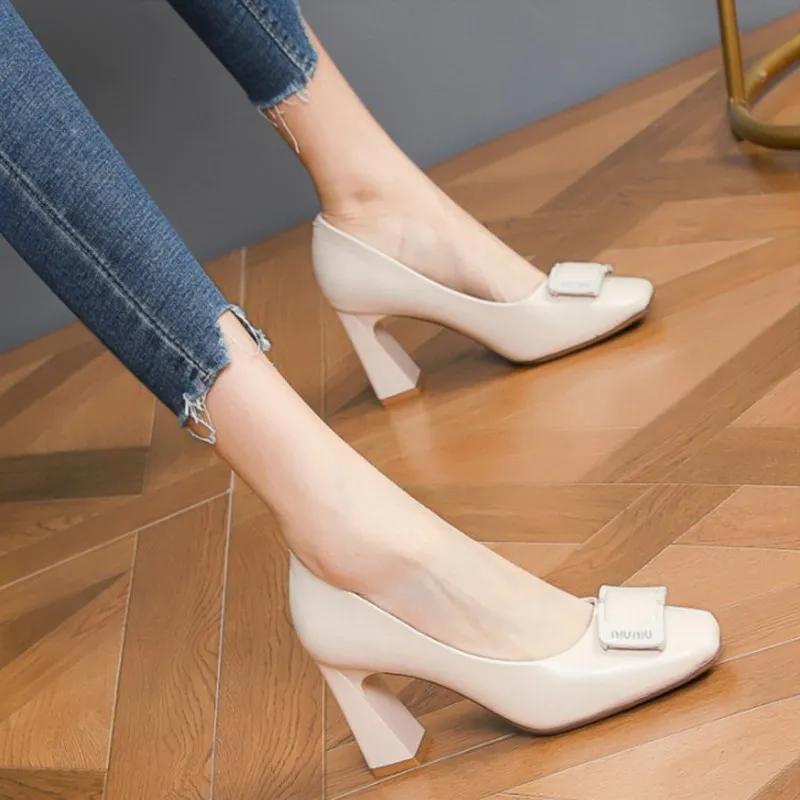 Fashion Single Shoe Woman 2025 Summer New Thick Heeled Korean Square Toe Shallow Mouth Metal Buckle Fashion Trend High Heels Women Shoes