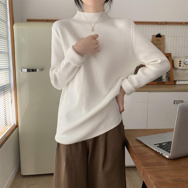 

Осень и зима утолщенный внутренний полувысокий воротник свободный интегрированный флис Энди флисовый свитер женский мягкий восковой вязаный базовый топ L белый