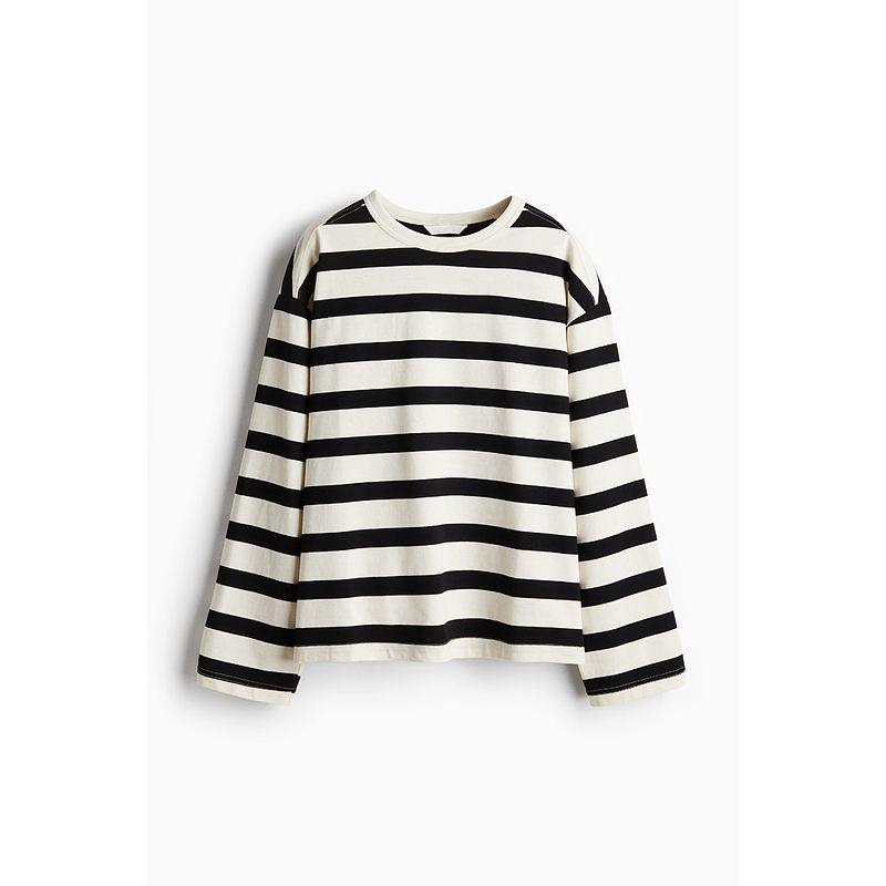 

HM Women s T-shirt 2025 Autumn New Arrival Minimalist Long Sleeve round Neck Cotton Loose Fashion Casual Top 1243660 Cream/Stripes 155/80