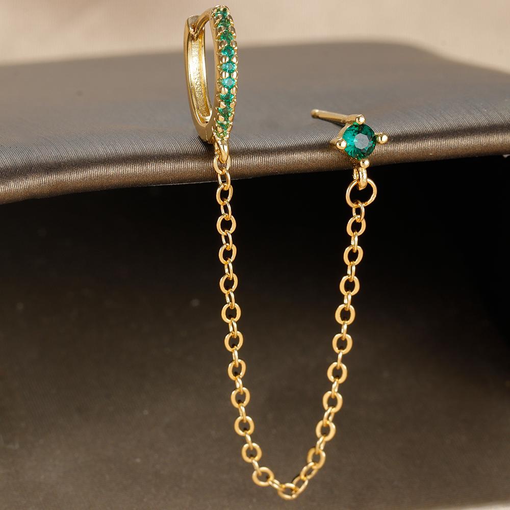 Exquisite Stainless Steel Tassel Chain Hoop Earrings for Women Simple Green Zircon Ear Piercing Earrings Fashion Jewelry Aretes