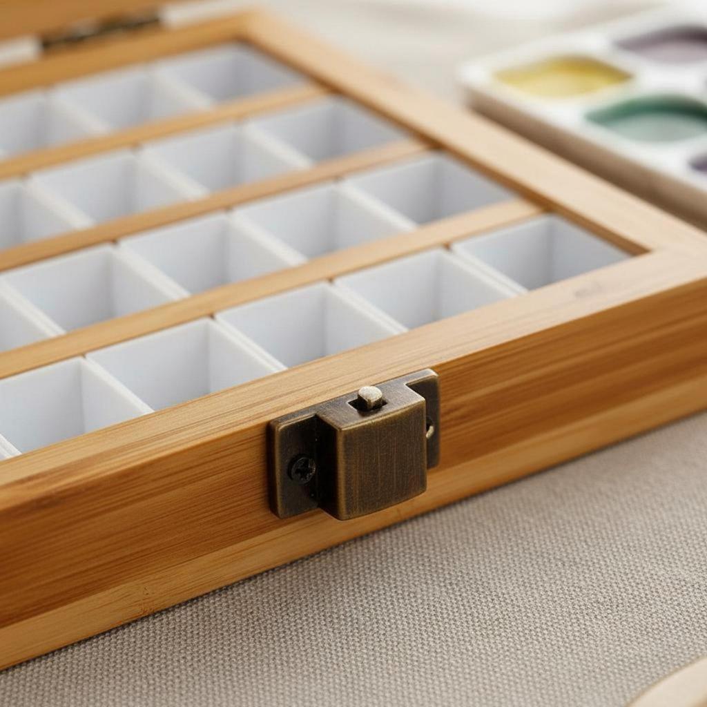 Portable Paint Palette Watercolor Mixing Box Wooden with Metal Latch for Secure