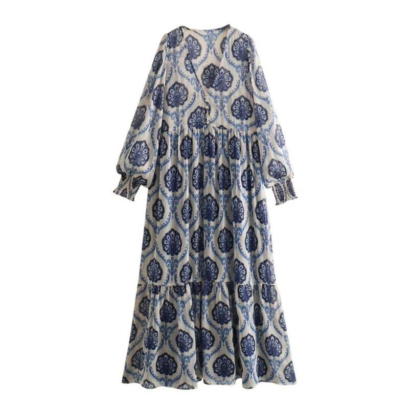 Long Sleeved V-neck Geometric Print Dressv Collar Geometric Print Dress Female
