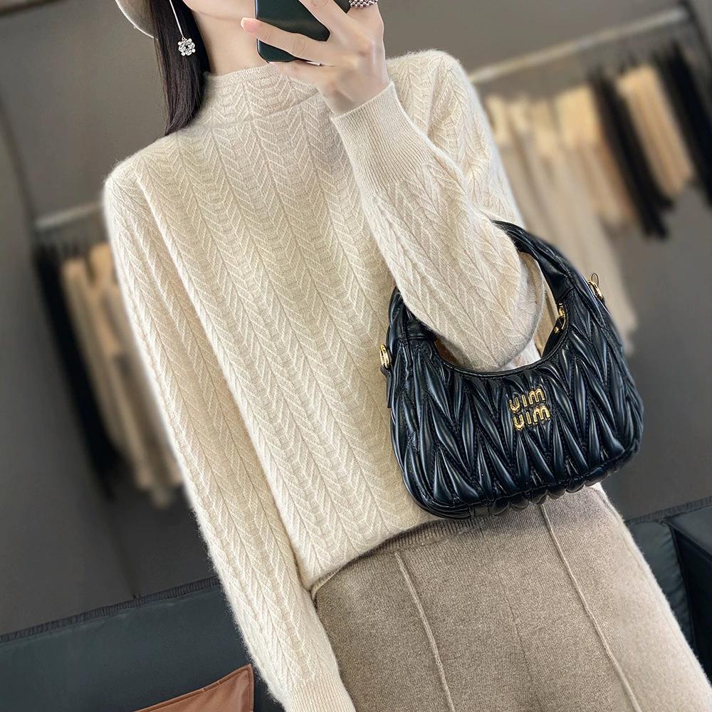 Women's Autumn/Winter Lightweight Wool Basketweave Long Sleeve Top