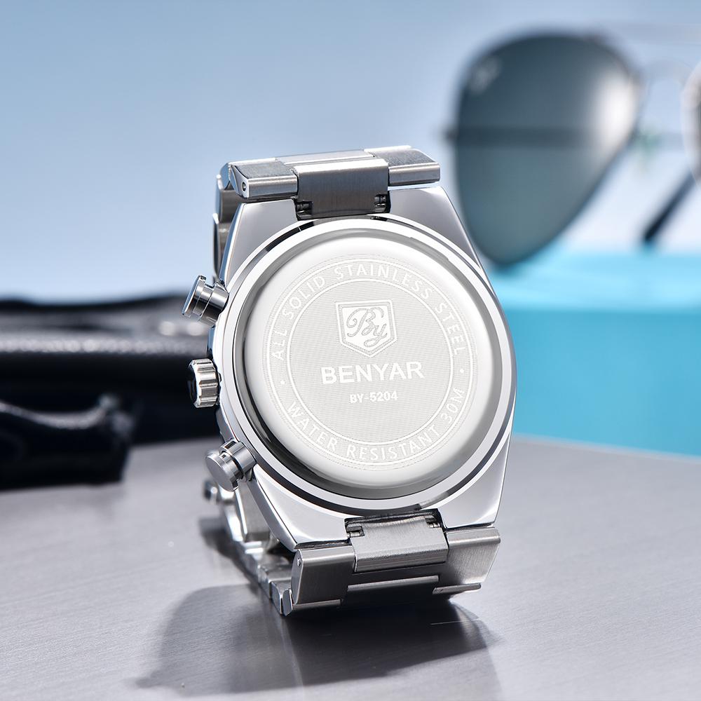 Benyar 40MM Multi-function Quartz Watch Mineral Strengthened Glass Stainless Steel Waterproof Strap Timing Clock Watch for Men