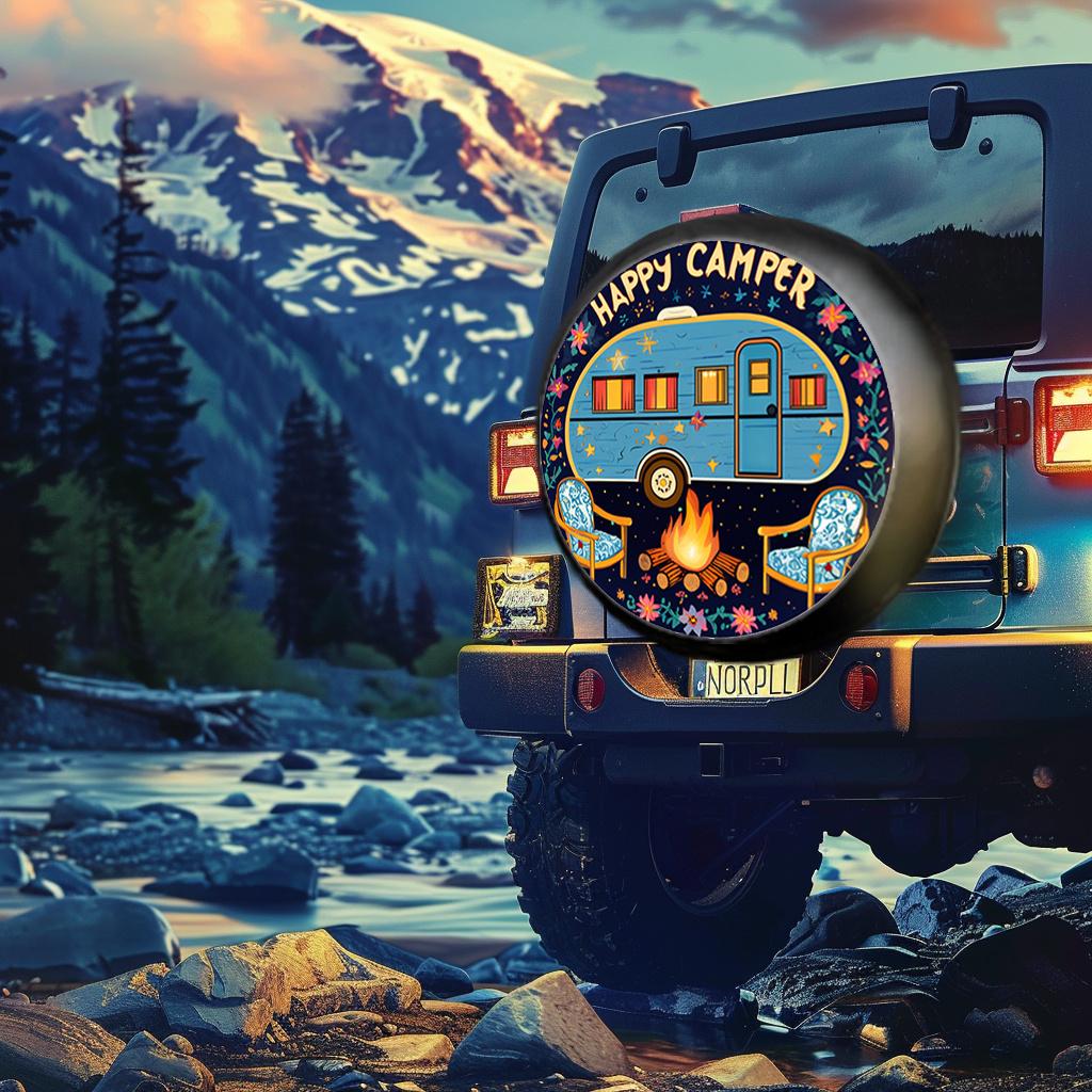 Vintage Wohnmobil-Reifenabdeckung mit Happy Camper Design - Retro Wohnwagen & Lagerfeuer Grafik, Langlebiger Allwetter-Schutz