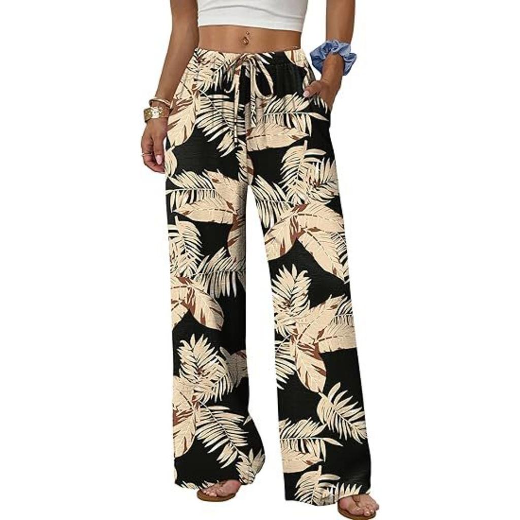 Damen Elastische Kordelzug Taille Seitentasche Weites Bein Hose Lockerer Schnitt Unifarben Bedruckt Palazzo Lässige Hose