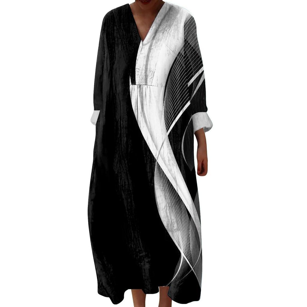 Women's Casual And Fashionable V-Veck Printed Long Sleeved Dress Long Sleeved Dress