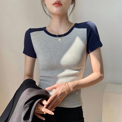 T-shirt à Manches Courtes Épissure Femme Été Style Étranger Nouveau Coupe Slim et Fin Polyvalent Haut de Sous-vêtement