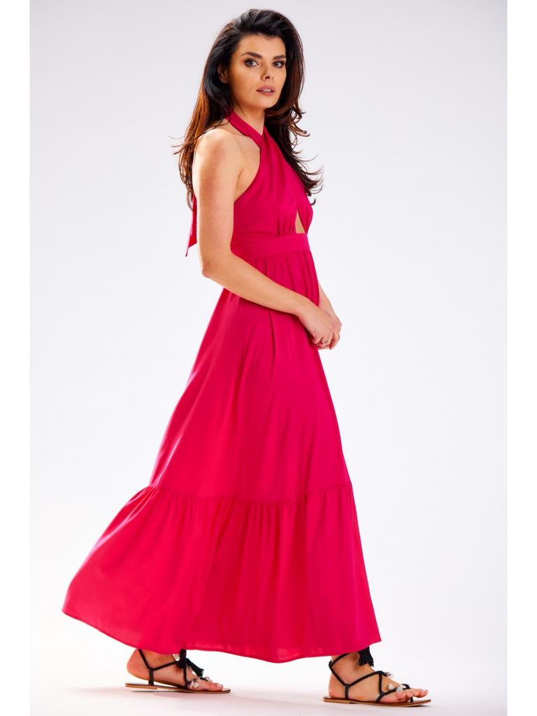 Viscose Maxi Dress with Open Back, Pink - Fuchsia, Size S