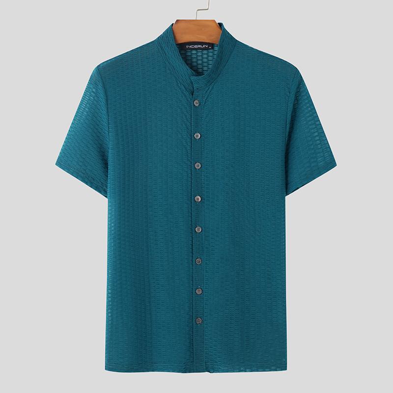 INCERUN Summer Men Stand Neck Short Sleeve Semi-Sheer Texture Skinny Casual T-shirts Tops