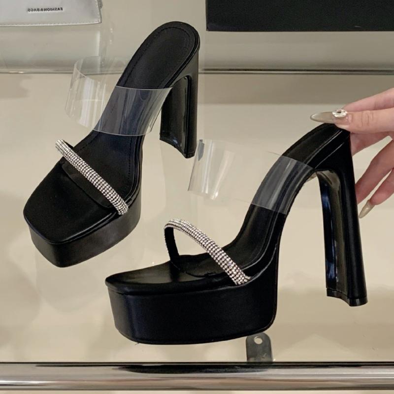 

Fashion Bling Rhinestone Narrow Band Design Brand Slippers Women Fashion Transparent PVC Slide Sandals Super High Heel Party Dress Shoes 40 чёрный