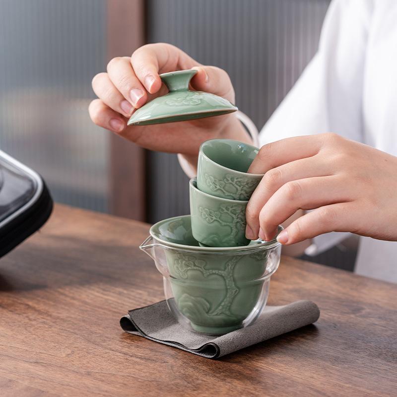 Celadon Ge Kiln Opening Film Can Raise Outdoor Portable Travel Tea Set, One Pot and Two Teacups, Gifts