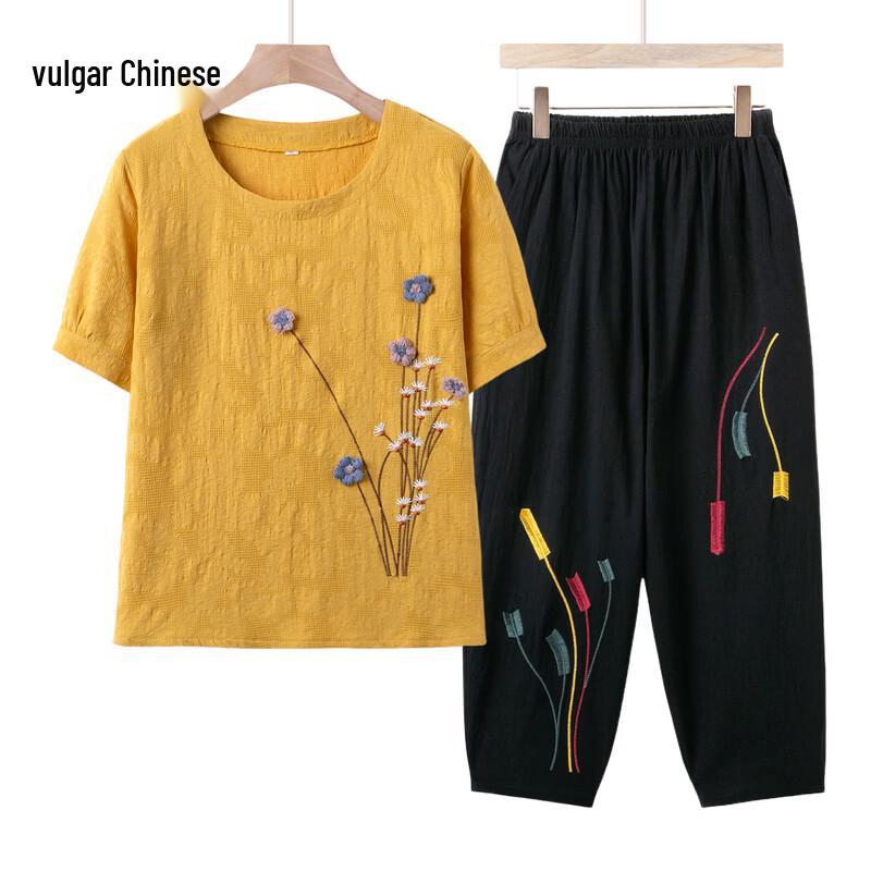 Ronghua Summer Cotton Linen T-shirt Set for Elderly Women 3XL