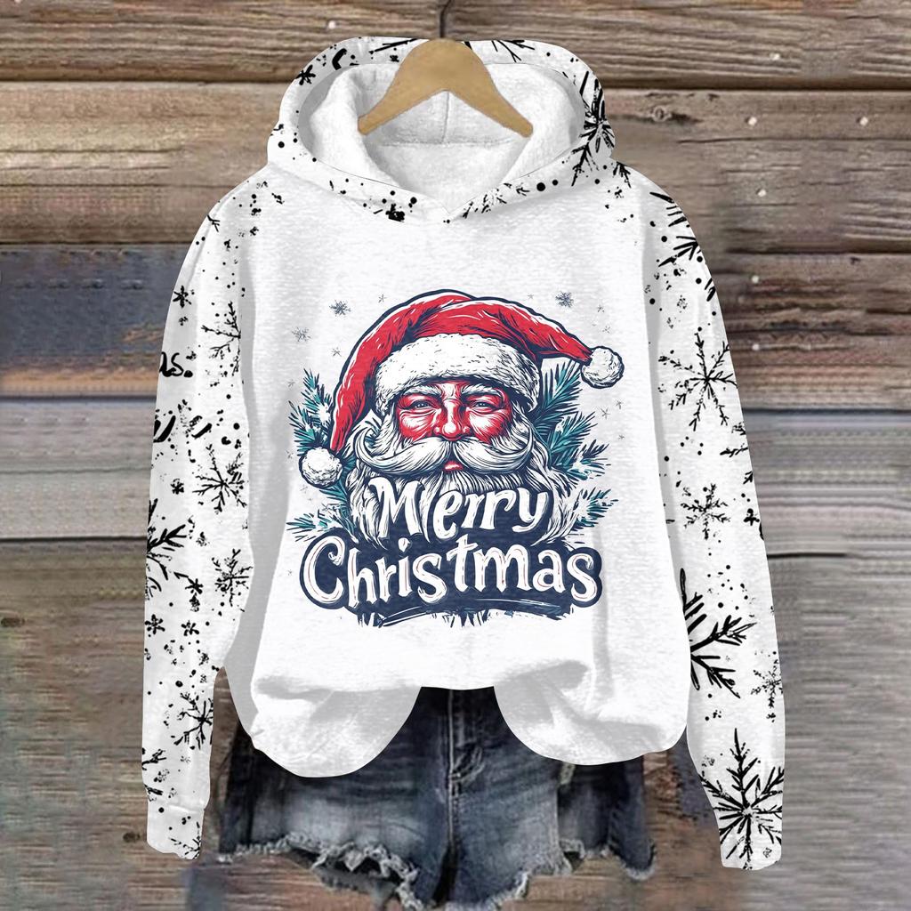 Women's Fashion Pullover Plunging Sleeve Christmas Printed Hooded Sweatshirt