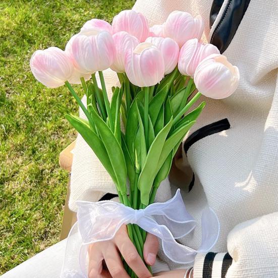 Real Touch Artificial Tulip Flower 13.7" PU Faux Tulips Lifelike Fake Tulip with Long Stem for Wedding Home Table Centerpiece Spring Garden Decor