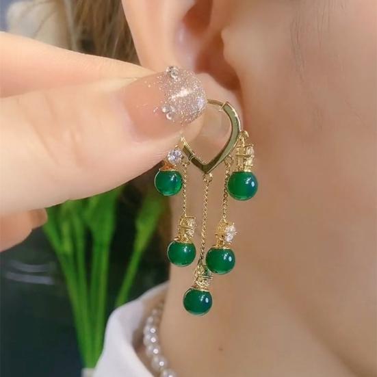1 Pair Ladies Earrings Eye-catching Fine Workmanship Tassel Golden Plated Delicate Polishing Dress Up Vibrant Color Green Simulated Emerald Earrings