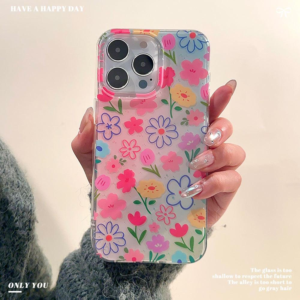 Applicable To Apple 16pro Full Screen Flower Mobile Phone Case Iphone15 Full Inclusive IMD Cartoon Lanyard Protective Cover 14 Women