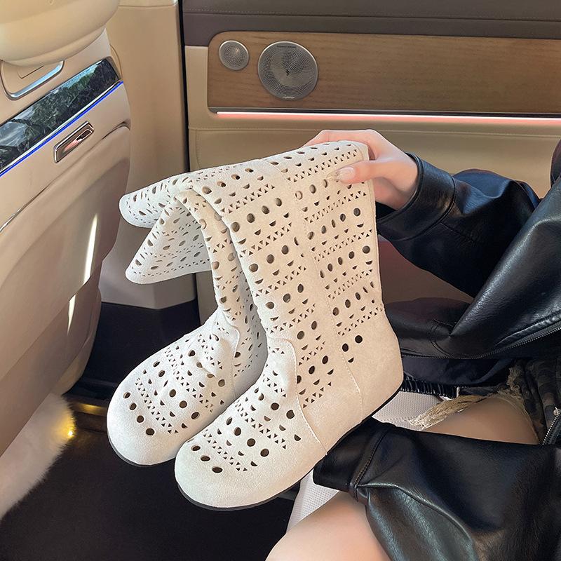 French hollow boots women's 2025 new summer versatile inner height increasing fashion boots but knee knight boots