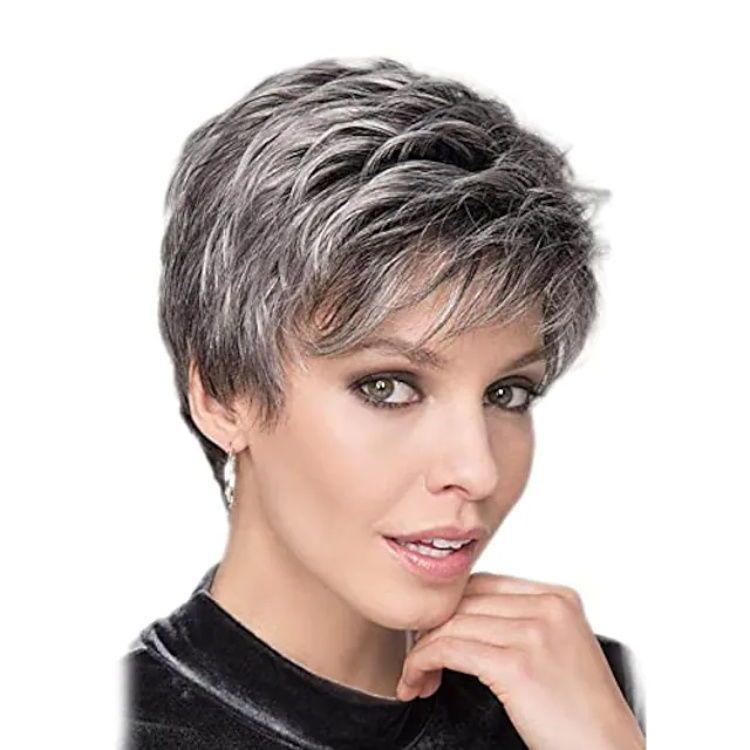 Women s Fashionable Synthetic Short Hair Wig - Hot-pressed Grayish-white Short Hair with Slight Curl for Modifying Face Shape YN225