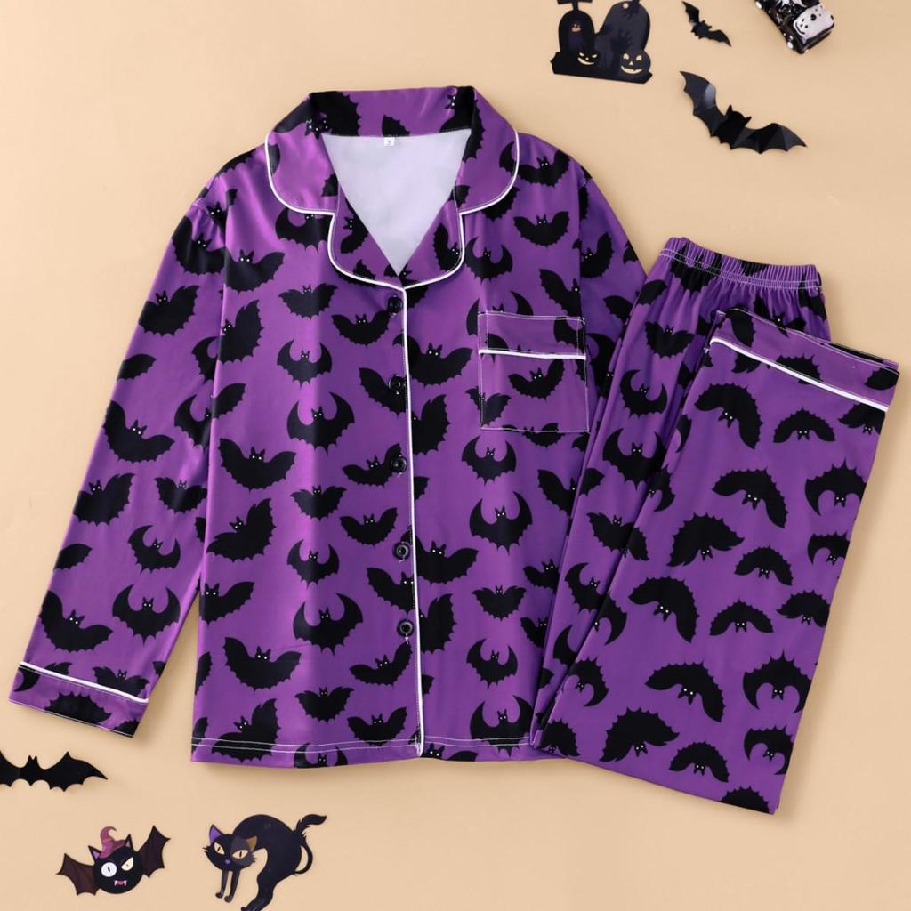 2025 Women's Long-Sleeve Pajama Set: Halloween Lapel Homewear for Spring & Autumn