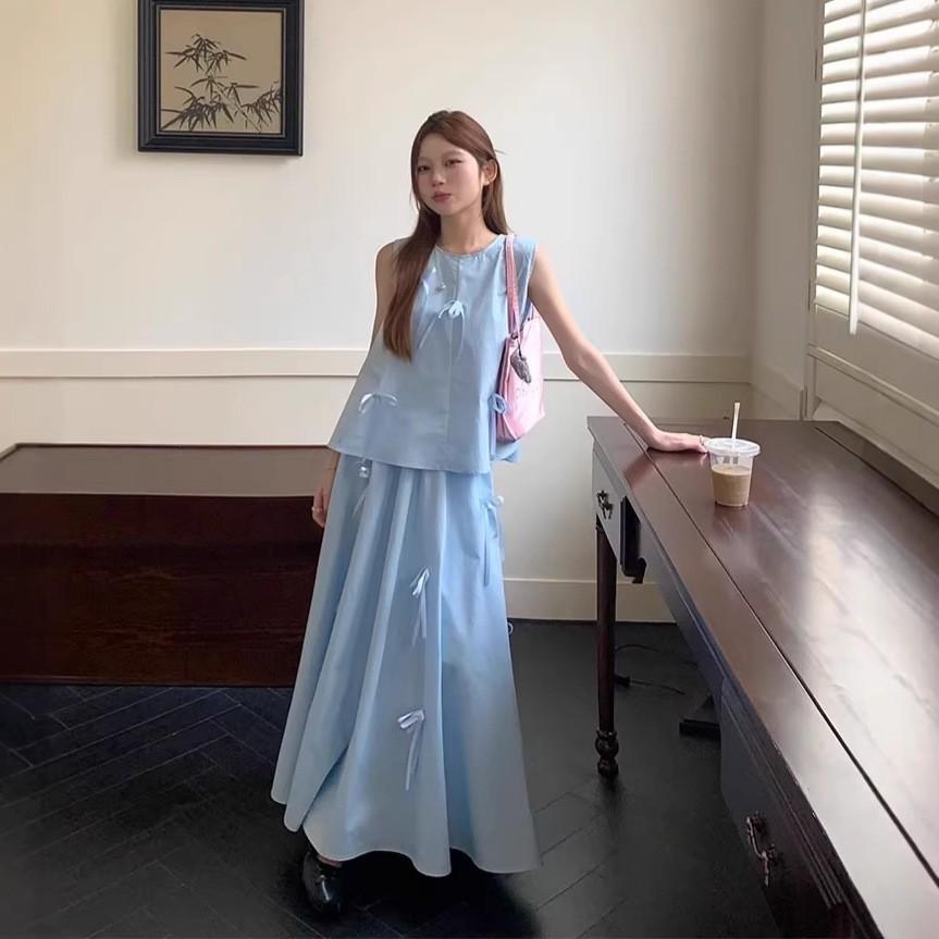 Women s Summer Bow Vest & A-Line Midi Skirt Two-Piece Set Large