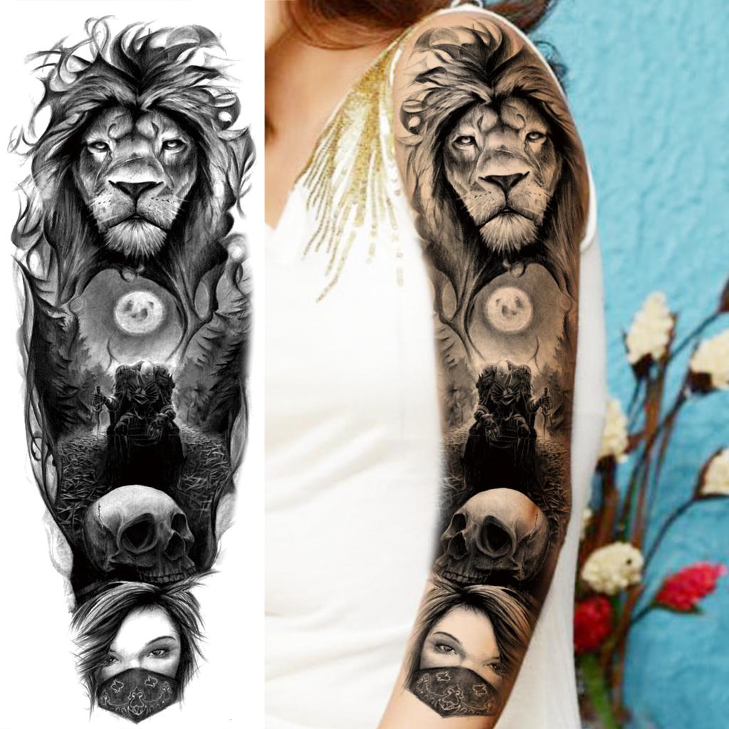 1 Sheet Long Sleeve Temporary Tattoos For Men Women Flower Skull Lion Wolf Tiger Nun Fox Compass Tattoo Sticker Body Art Arm Leg