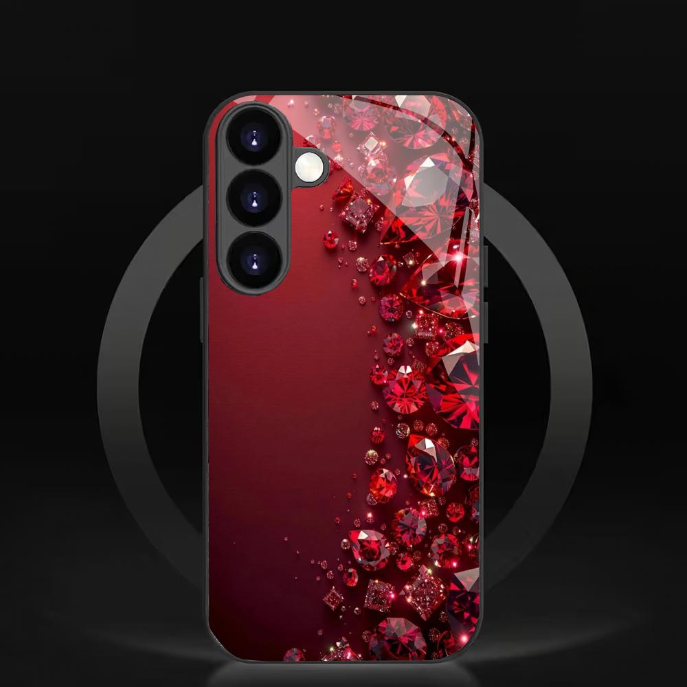 Red Diamond Patterned Glass Phone Case Suitable for Samsung Galaxy S26 S25 S24 S23 S22 S20 FE/Ultra/Plus5G Anti Drop Back Cover