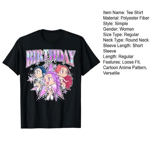 Tee Shirt Round Neck Short Sleeve Cartoon Anime Pattern Women T-shirt Loose Fit Breathable Casual Blouse Daily Wear