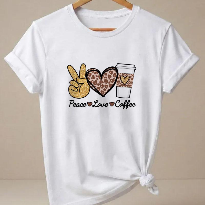 Peace Love Coffee TShirt Unisex Leopard Heart Graphic Tee Trendy Soft Breahable Short Sleeve T Shirt Casual Top Clothes